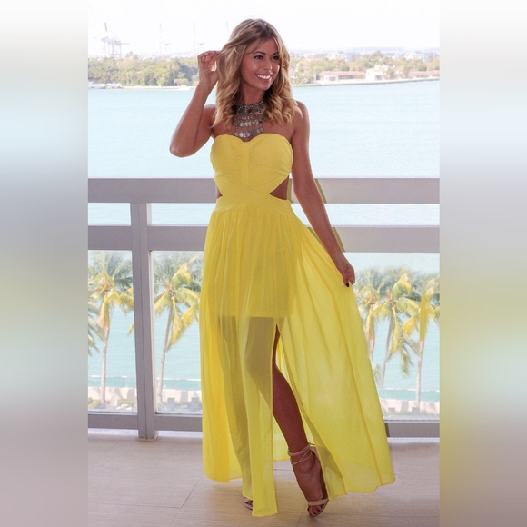 YELLOW PLEATED STRAPLESS MAXI DRESS - Picture 3 of 9